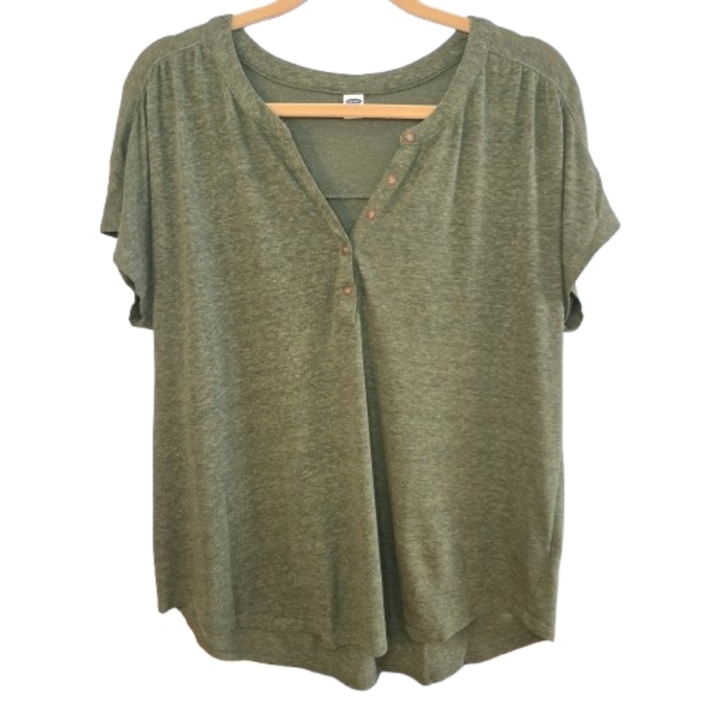 Old Navy Short Sleeved Buttoned V Neck Linen Blend Top
